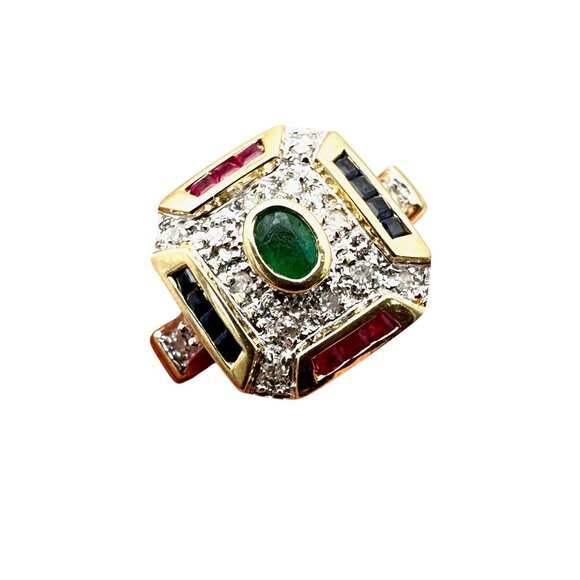 Womens Ring 14K Gold Emerald Diamond Red Blue Spinel 3.9 Grams Size 7 Estate - Picture 5 of 6